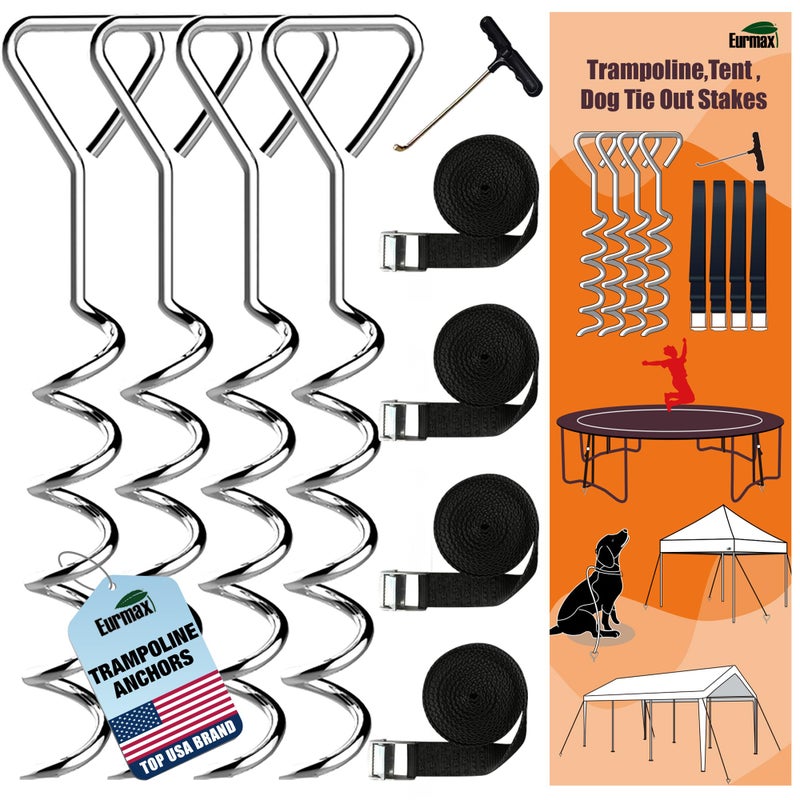 Eurmax USA Trampoline Stakes Heavy Duty Trampoline Parts Corkscrew Shape Steel Stakes Anchor Kit with T Hook for Trampolines -Set of 4 Bonus 4 Strong Belt,Silver - Image 1